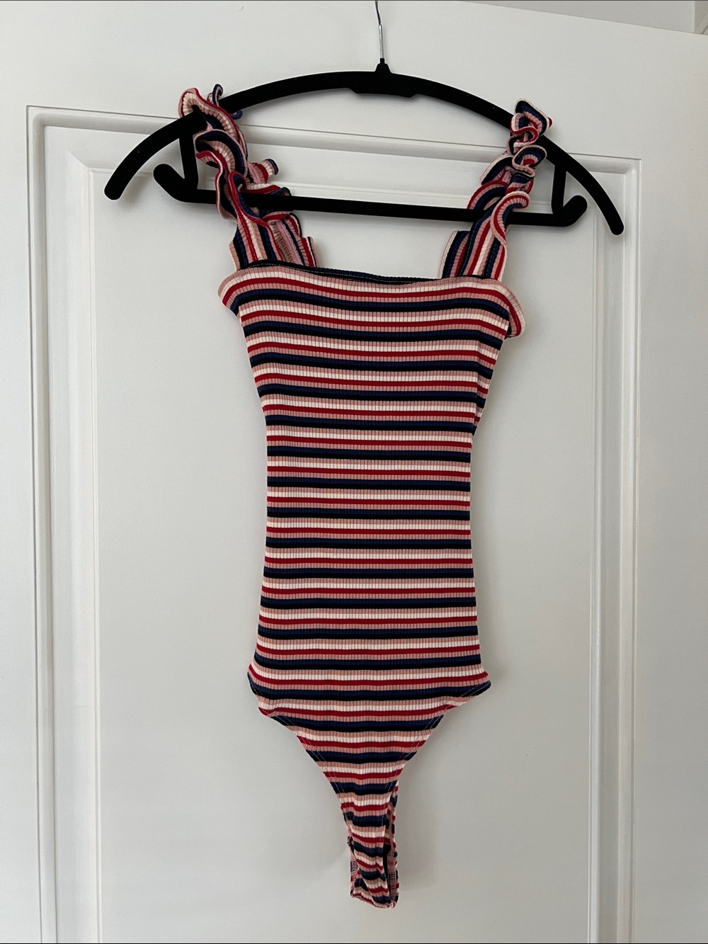 Reformation Pink and Navy Striped Ruffle-Shoulder One-Piece
